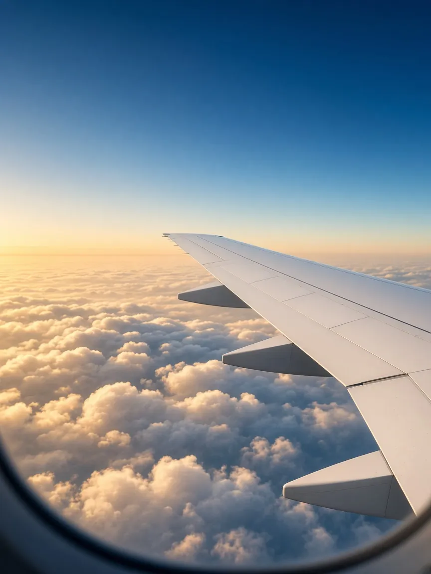 Aircraft wing above the clouds at golden hour